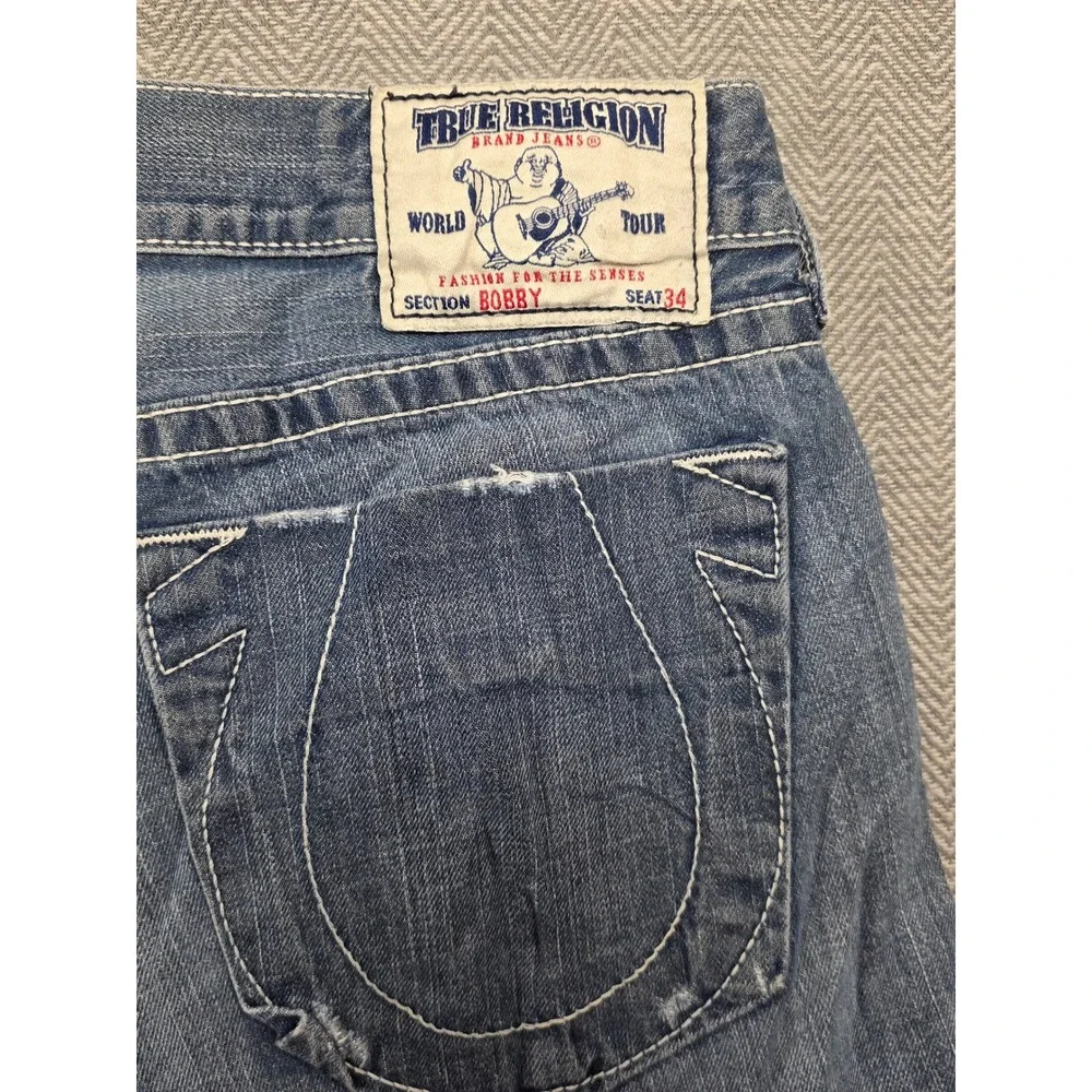 True Religion Bobby Mens Jeans 38x29 Blue Big T Stitch‎ Straight Leg Made in USA